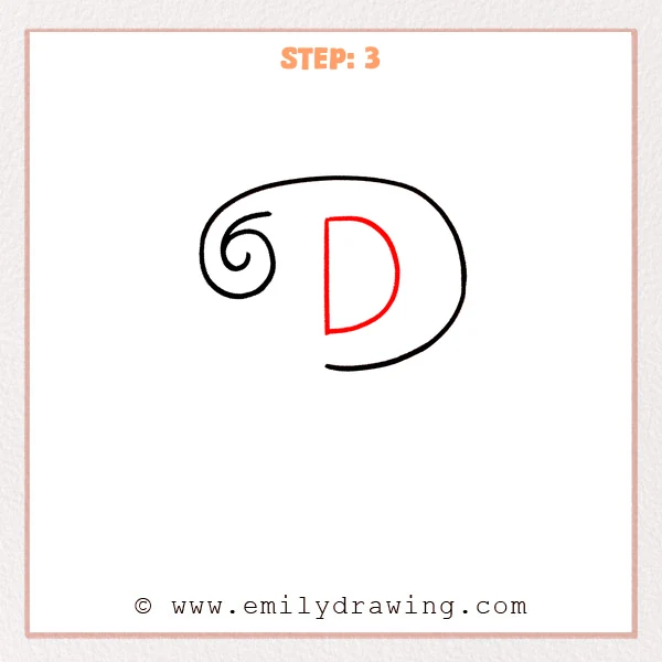 how to draw a fancy letter p - Step 3 of a fancy letter P, adding a central vertical stem and a rounded bowl inside the outer swirl.